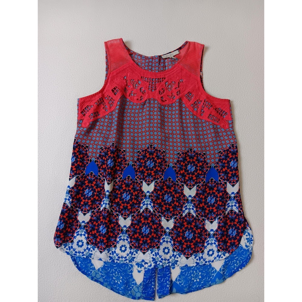 Pale Sky Tank Tunic Womens S‎ Multicolor Scoop Neck Crochet Embroidered